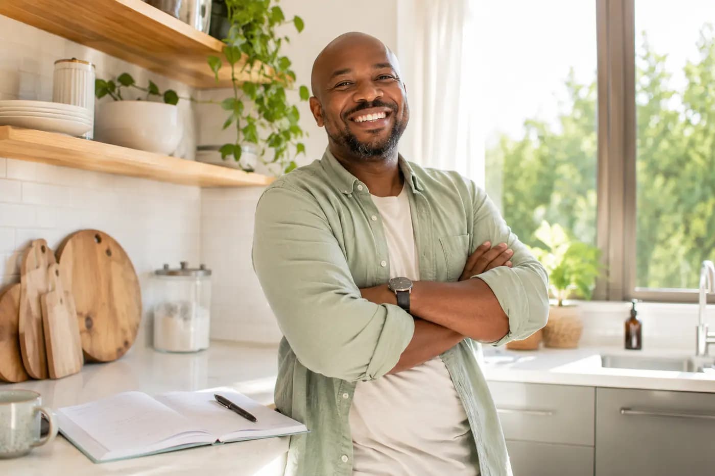 A father standing in a sunlit kitchen, arms folded, grinning