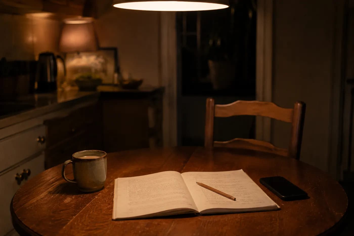 A kitchen table after homework, with a finished exercise book and a mug
