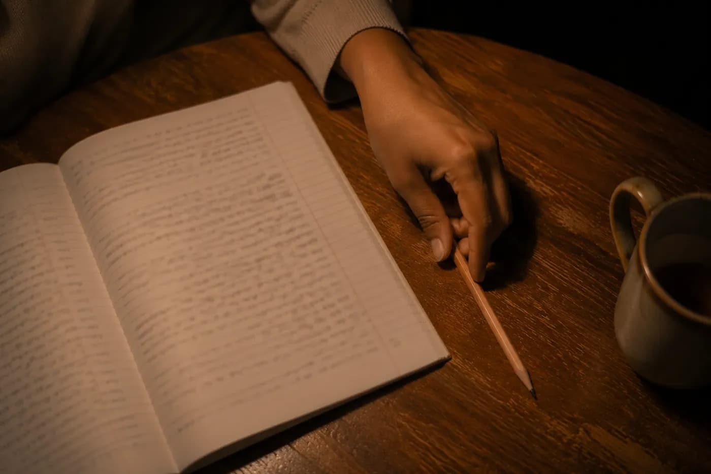 A hand setting a pencil down beside a finished page in an exercise book