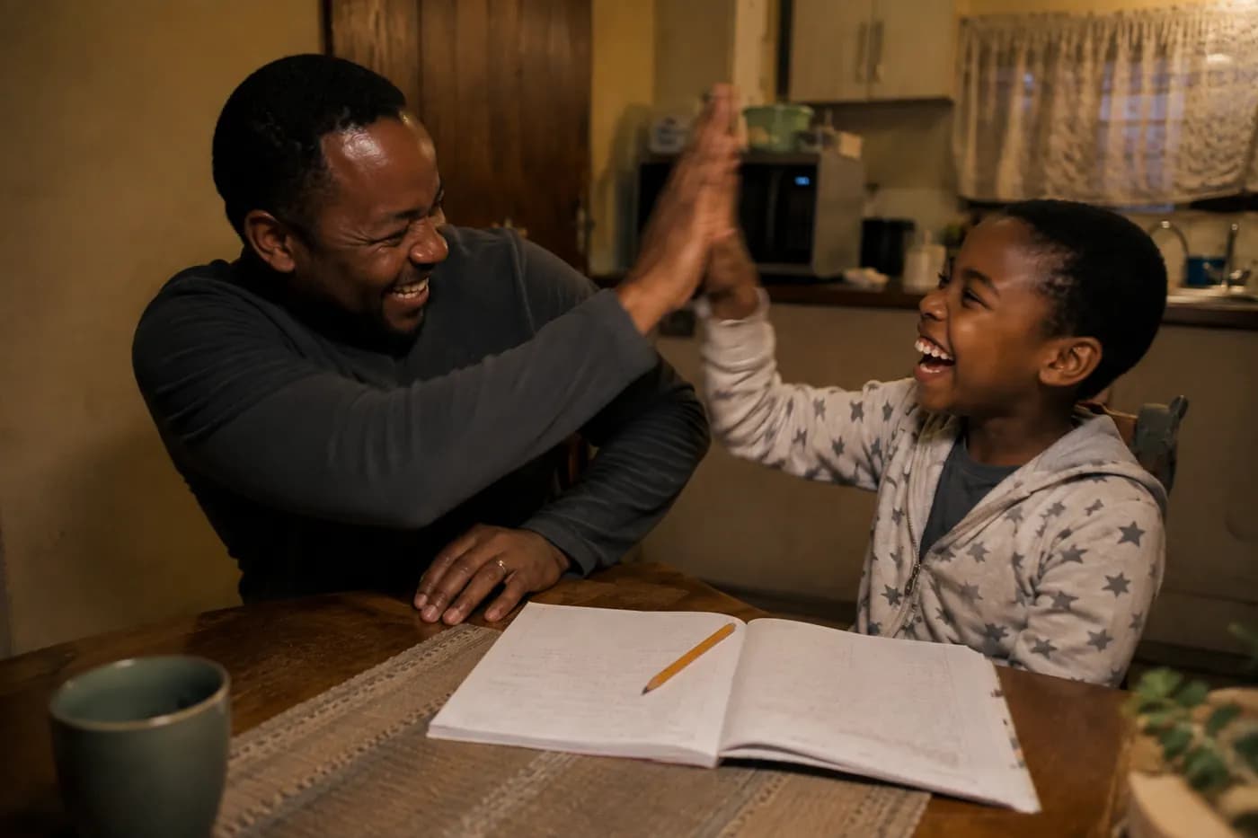 A father and his daughter high-fiving over an open exercise book