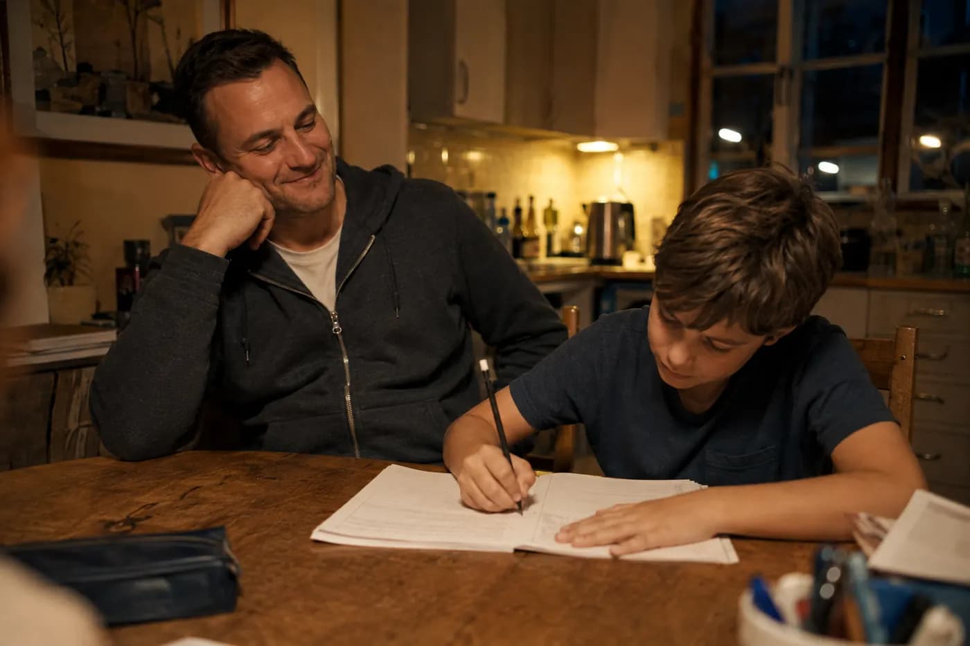 A father leaning back, smiling, while his son works through the page on his own