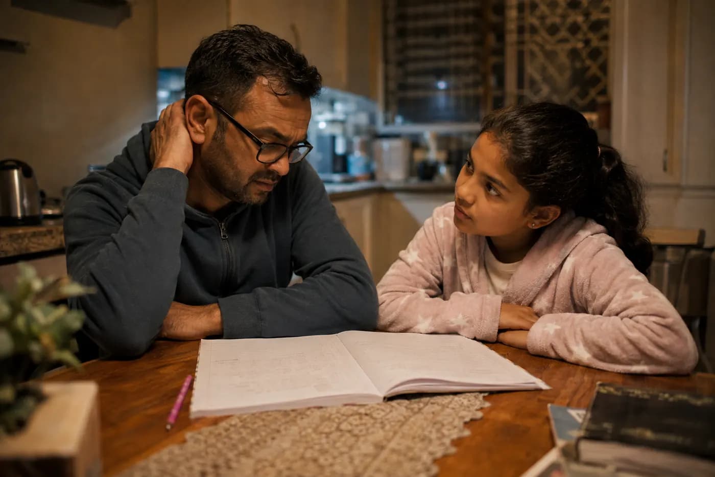 A father at the table beside his daughter, working through the page together