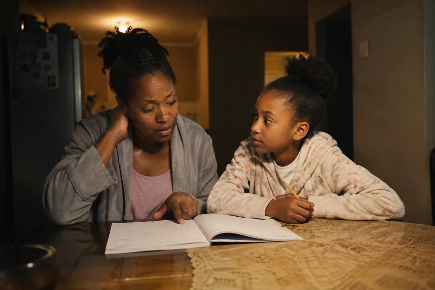 A mother and her daughter at the kitchen table with an exercise book between them